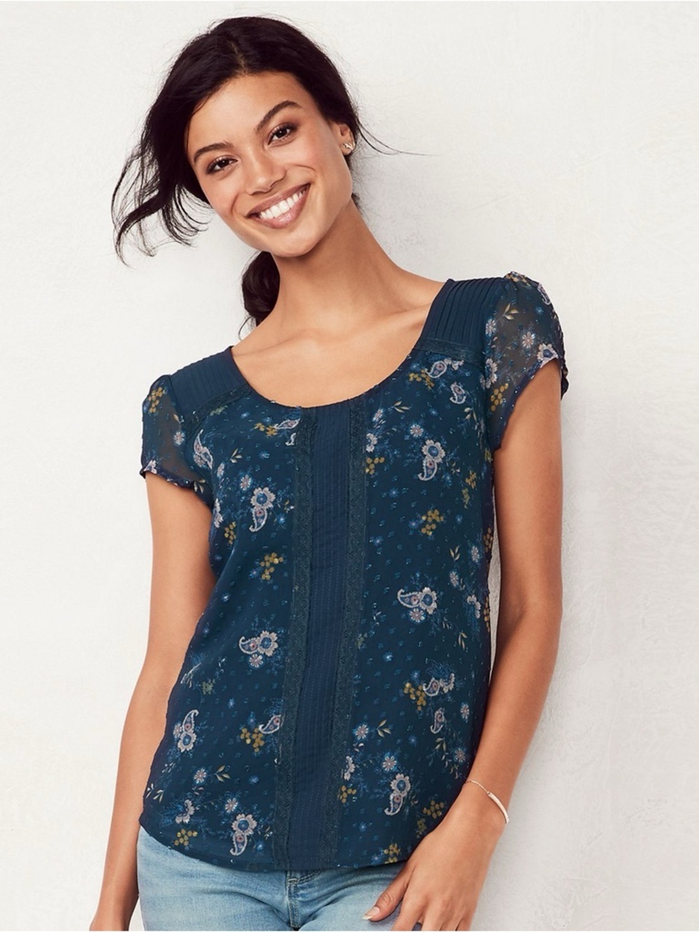 LC Lauren Conrad Blue Floral Patterned Boho Short Sleeve Blouse Size XS NWT